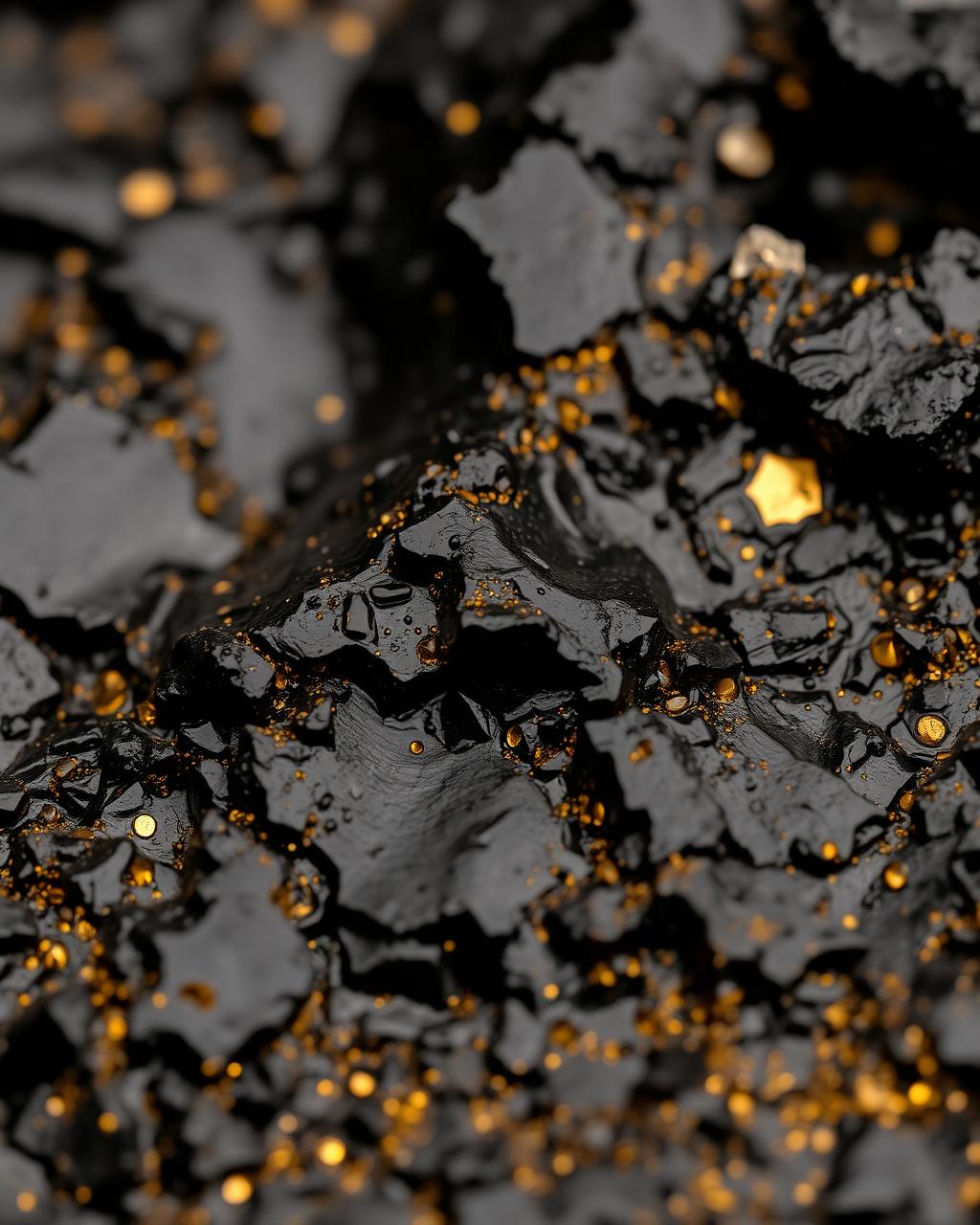 Macro of pure Himalayan Shilajit with golden fulvic flecks