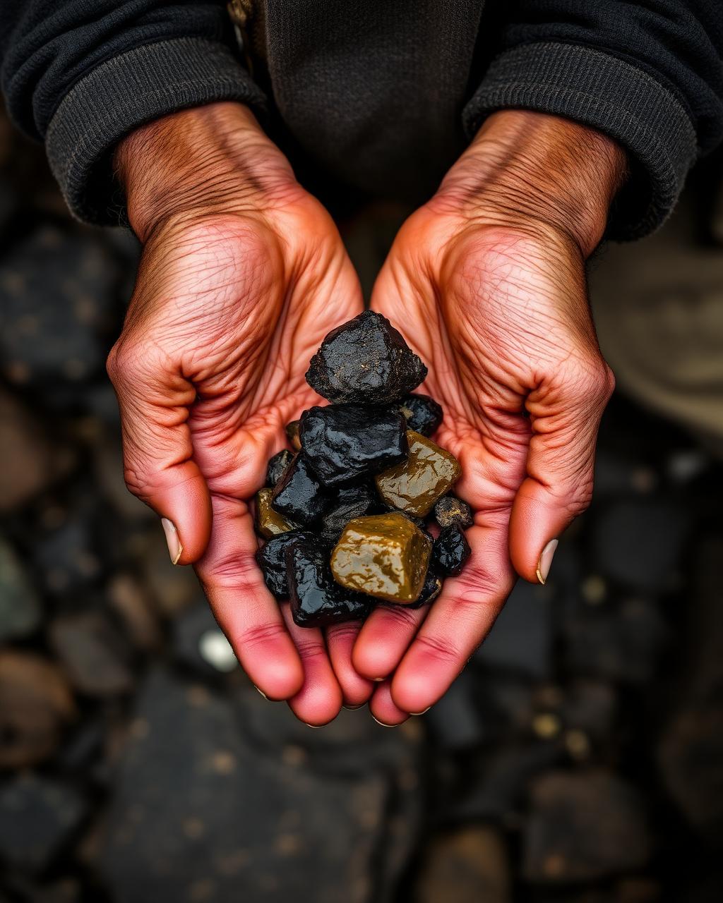 Hands holding raw Himalayan Shilajit nuggets — authentic Nepal harvest