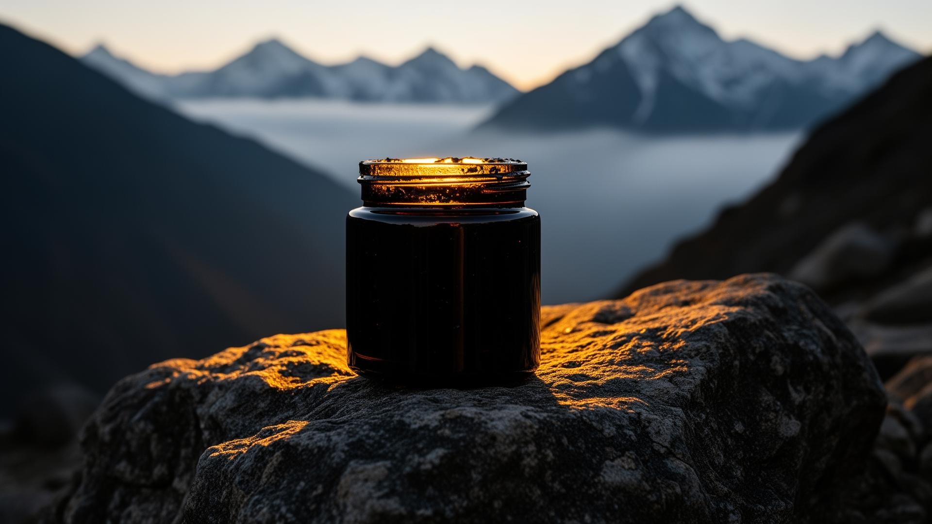 Premium Himalayan Shilajit jar at altitude